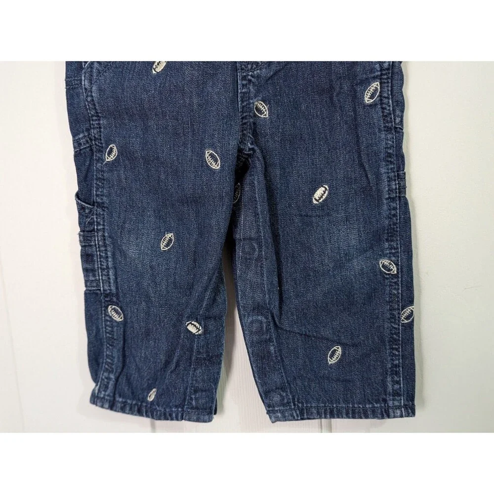 VTG OshKosh Bgosh Jean Overalls 12 Months Embroidered Footballs Blue Denim Logo